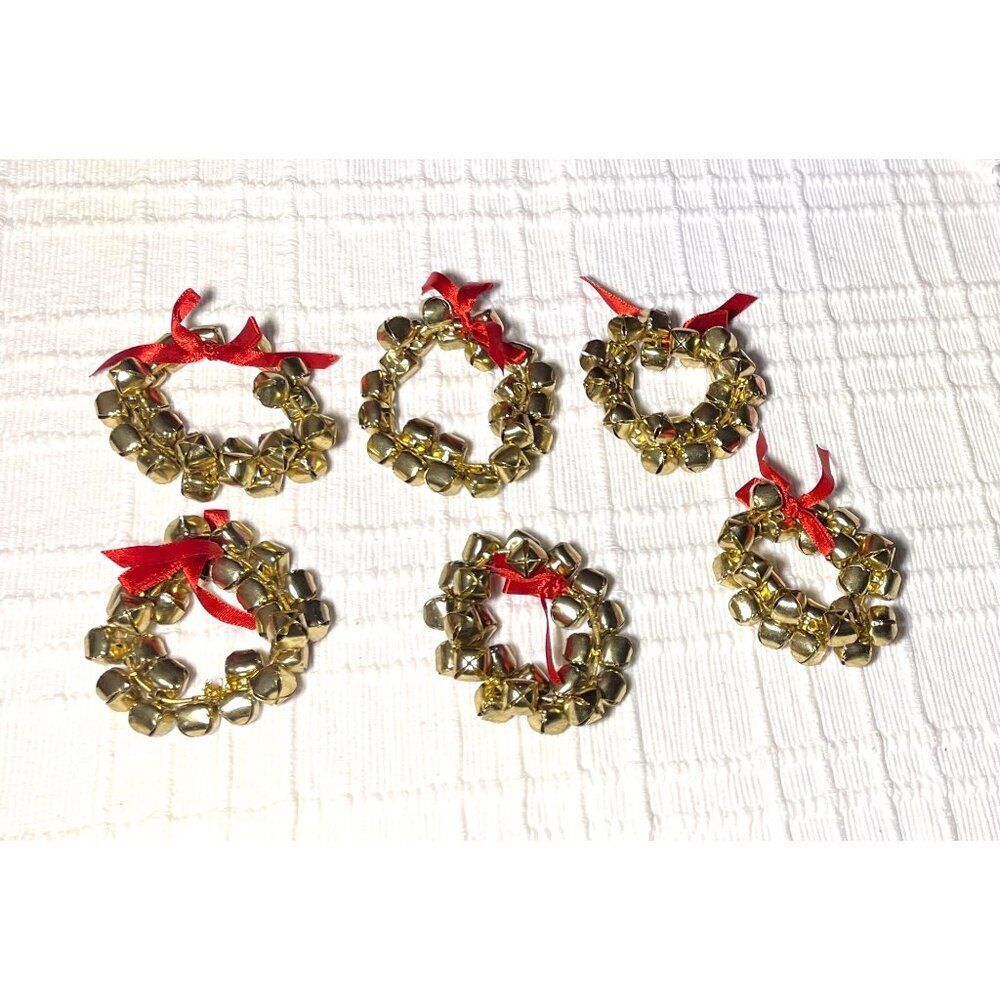 Pier 1 Imports Gold Jingle Bell Napkin Rings Set Of 6 W/ Red Bows Holiday